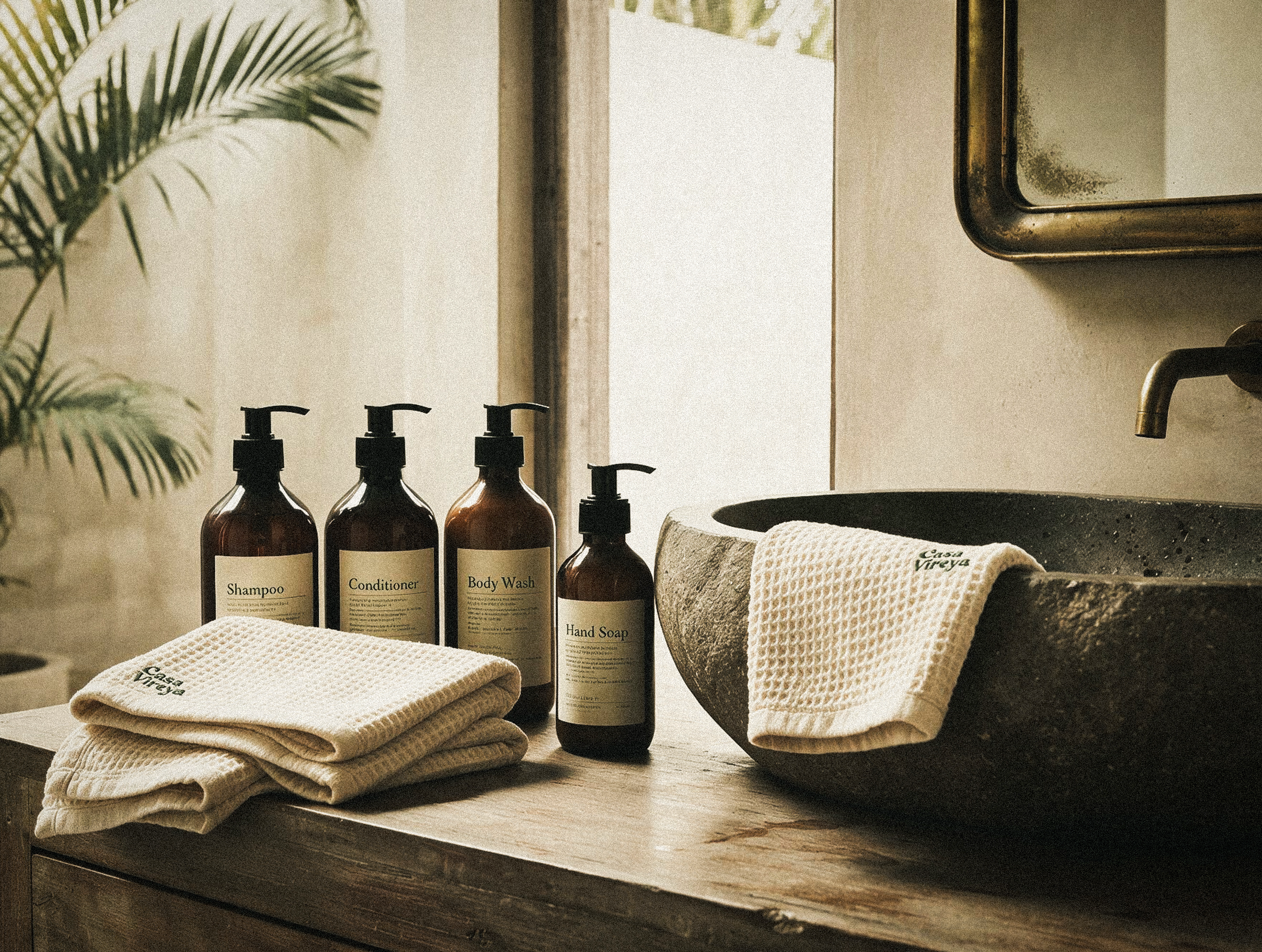 Amber glass amenity bottles and folded waffle towels beside a hand-carved stone basin.
