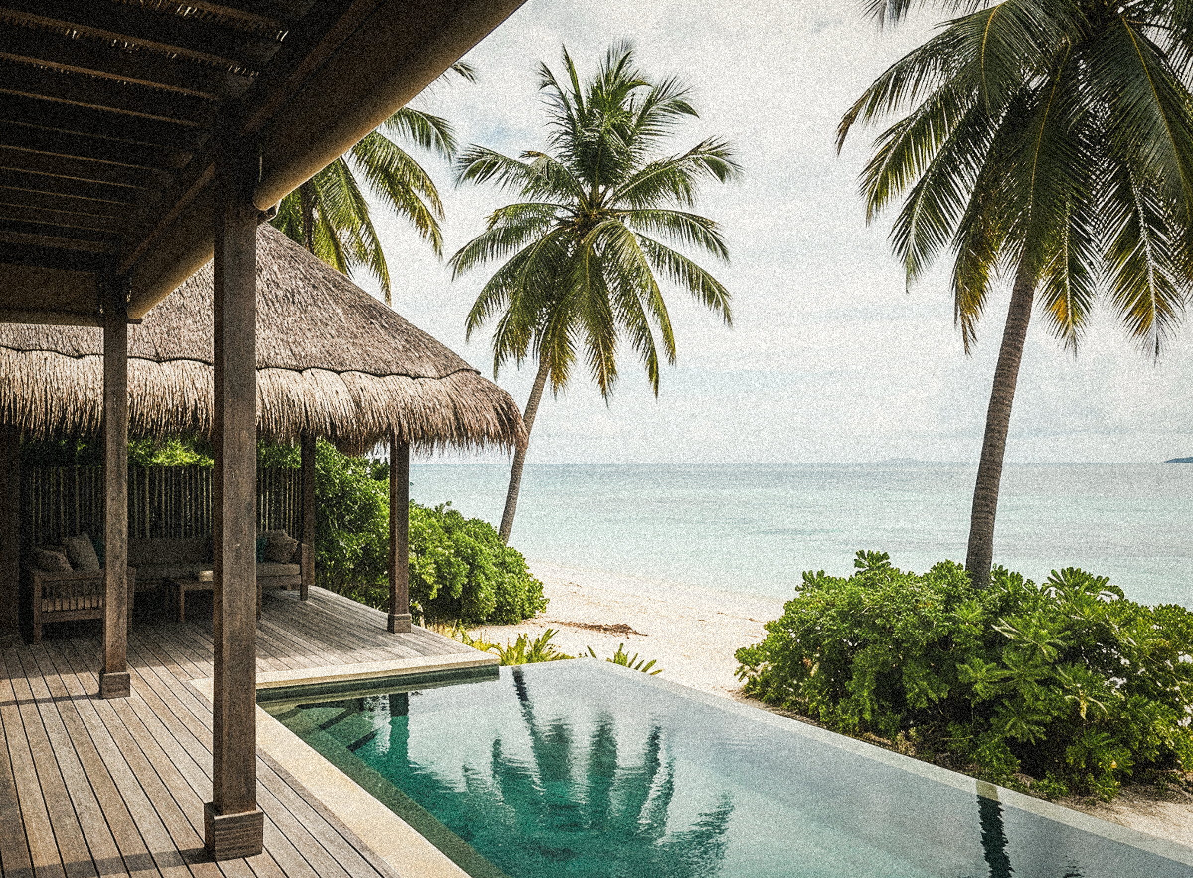 An infinity-edge pool bordered by wooden decking, framed by two tall palm trees.