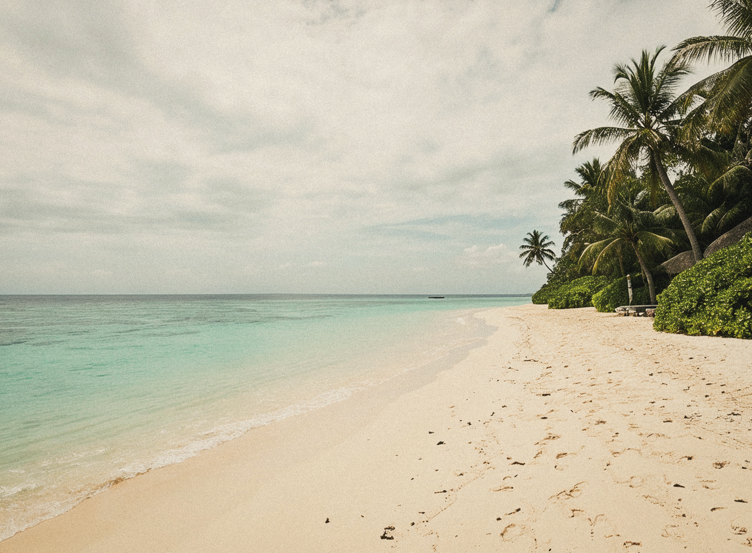 An empty stretch of pale sand beach meeting turquoise water, footprints trailing along the shore.